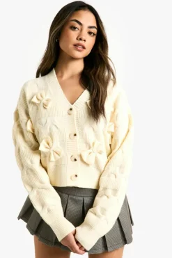 Cardigans*boohoo Fluffy Knit Bow Detail Cardigan cream