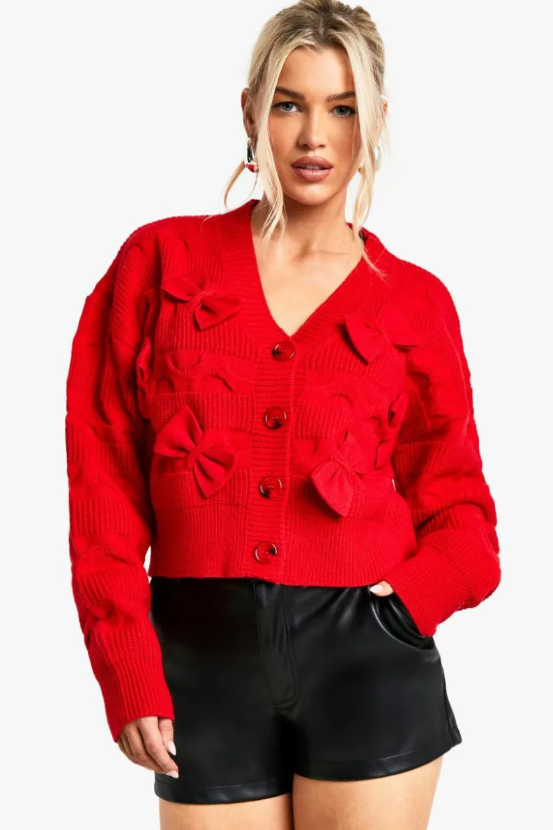Cardigans*boohoo Fluffy Knit Bow Detail Cardigan red