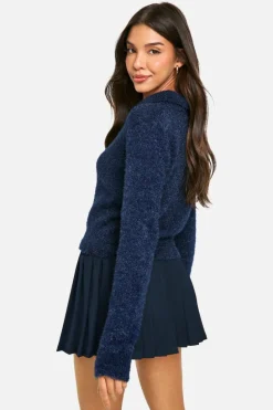 Jumpers|Knitwear*boohoo Fluffy Knit Collared Buttoned Jumper navy