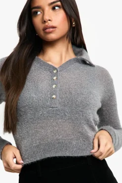 Jumpers*boohoo Fluffy Knit Collared Buttoned Jumper grey