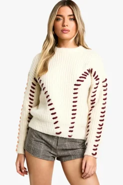 Jumpers*boohoo Fluffy Knit Contrast Stitch Detail Jumper cream