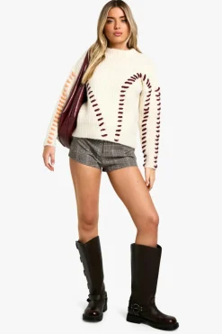 Jumpers*boohoo Fluffy Knit Contrast Stitch Detail Jumper cream