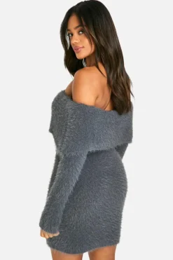 Jumper Dresses|Jumper Dresses*boohoo Fluffy Knitted Bardot Mini Dress charcoal