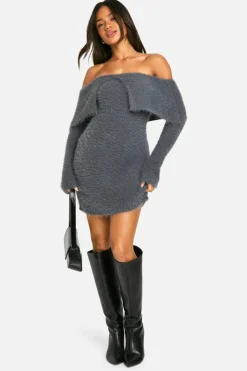 Jumper Dresses|Jumper Dresses*boohoo Fluffy Knitted Bardot Mini Dress charcoal