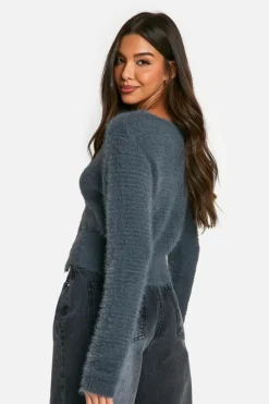 Cardigans|Jumpers & Cardigans*boohoo Fluffy Knitted Button Cardigan charcoal