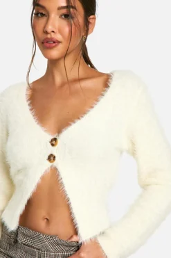 Cardigans*boohoo Fluffy Knitted Button Cardigan cream