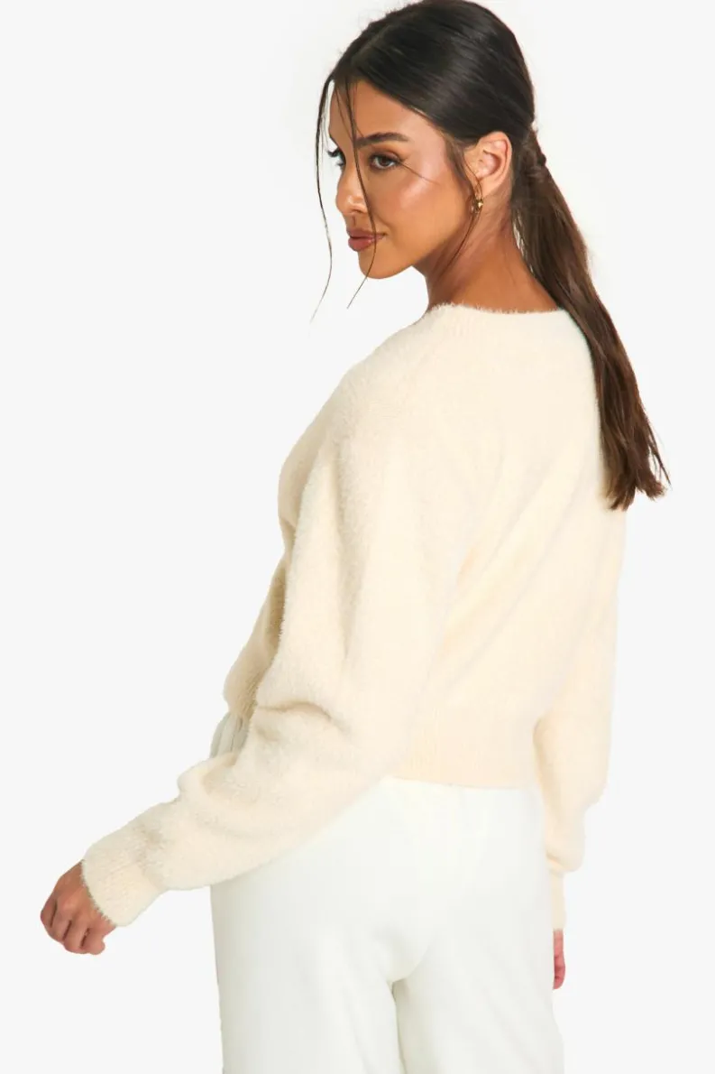 Cardigans*boohoo Fluffy Knitted Cropped Cardigan cream