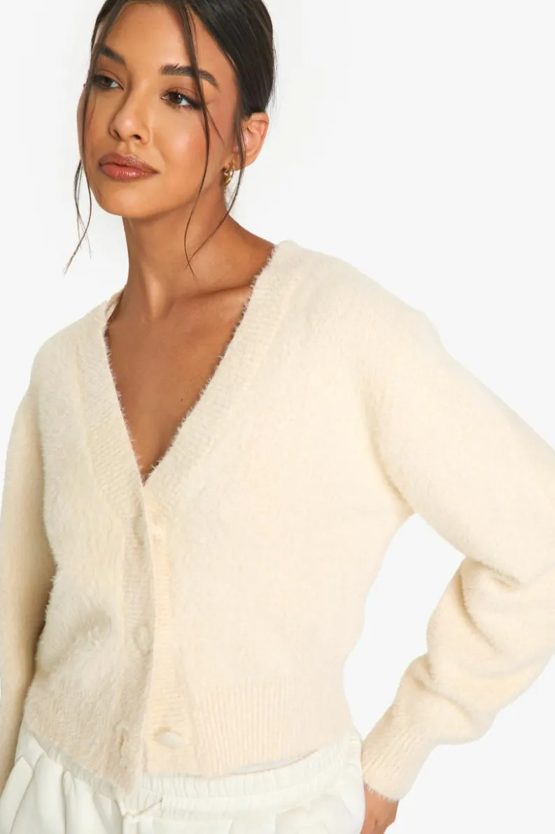Cardigans*boohoo Fluffy Knitted Cropped Cardigan cream