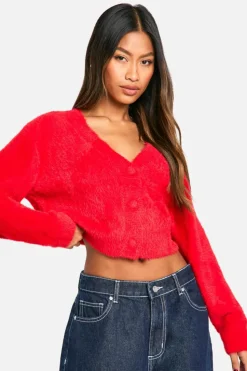 Cardigans*boohoo Fluffy Knitted Cropped Cardigan red