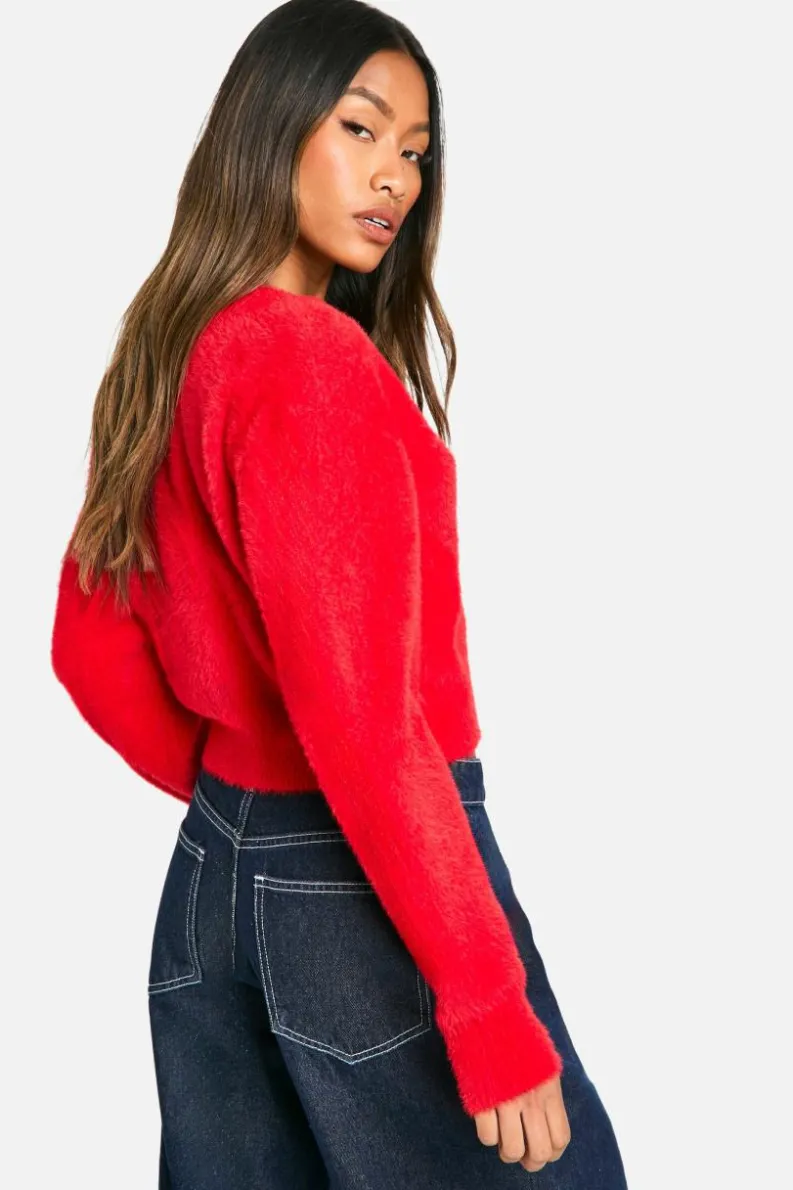 Cardigans*boohoo Fluffy Knitted Cropped Cardigan red