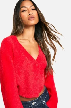 Cardigans*boohoo Fluffy Knitted Cropped Cardigan red