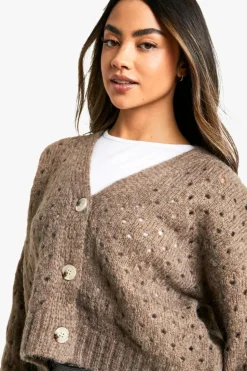 Cardigans|Knitwear*boohoo Fluffy Knitted Hole Detail Cardigan camel