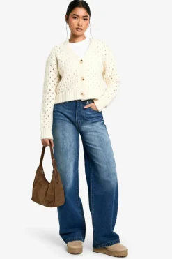 Cardigans*boohoo Fluffy Knitted Hole Detail Cardigan cream