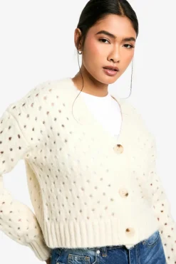 Cardigans*boohoo Fluffy Knitted Hole Detail Cardigan cream