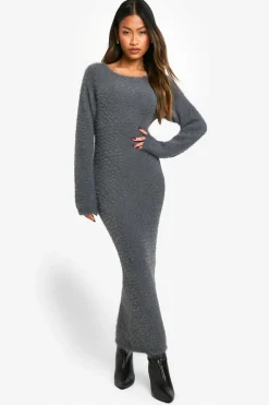 Jumper Dresses|Jumper Dresses*boohoo Fluffy Knitted Open Back Maxi Dress charcoal