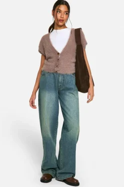 Knitted Tops*boohoo Fluffy Knitted Short Sleeve Button Top chocolate