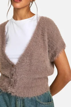 Knitted Tops*boohoo Fluffy Knitted Short Sleeve Button Top chocolate