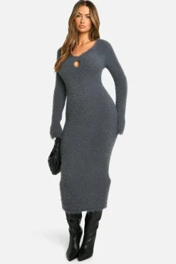 Jumper Dresses|Jumper Dresses*boohoo Fluffy Knitted Sqaure Neck Midaxi Dress charcoal