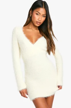 Wrap Dresses|Jumper Dresses*boohoo Fluffy Knitted Wrap Detail Mini Dress cream