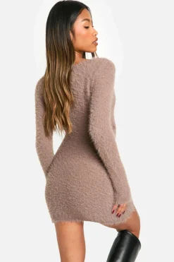 Wrap Dresses|Jumper Dresses*boohoo Fluffy Knitted Wrap Detail Mini Dress chocolate