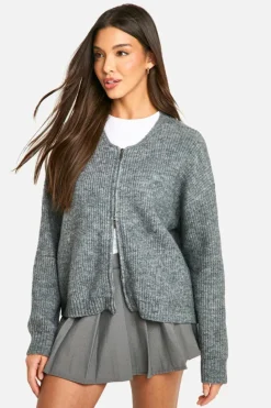 Cardigans|Knitwear*boohoo Fluffy Knitted Zip Up Bomber Cardigan grey marl
