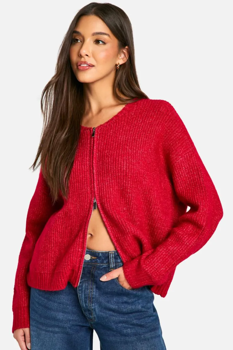 Cardigans*boohoo Fluffy Knitted Zip Up Bomber Cardigan red