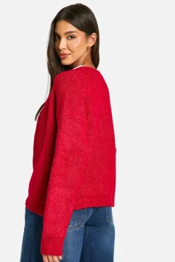 Cardigans*boohoo Fluffy Knitted Zip Up Bomber Cardigan red