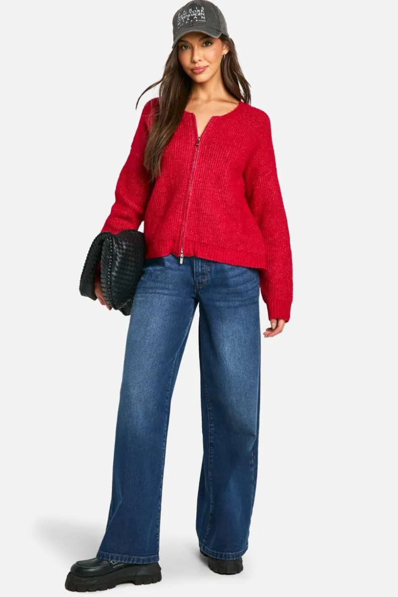 Cardigans*boohoo Fluffy Knitted Zip Up Bomber Cardigan red