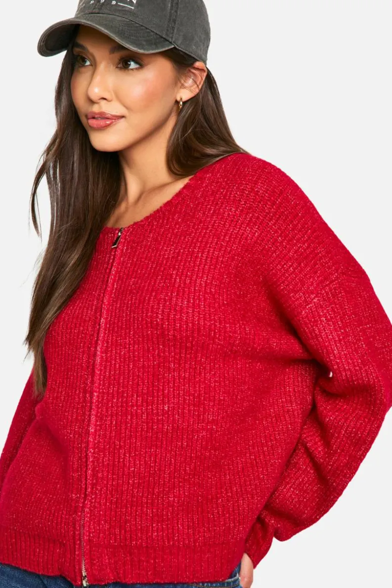Cardigans*boohoo Fluffy Knitted Zip Up Bomber Cardigan red