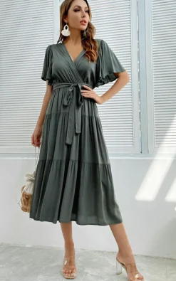 Wrap Dresses*FS Collection Flutter Sleeve Midi Wrap Dress In Green Khaki