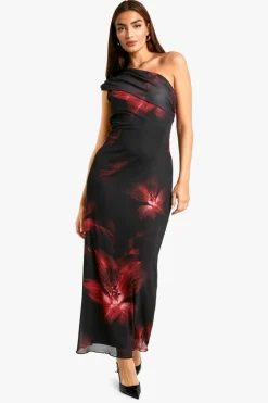 Maxi Dresses|Dresses*boohoo Fold Over One Shoulder Floral Mesh Maxi Dress black