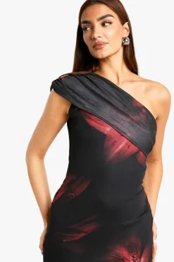 Maxi Dresses|Dresses*boohoo Fold Over One Shoulder Floral Mesh Maxi Dress black
