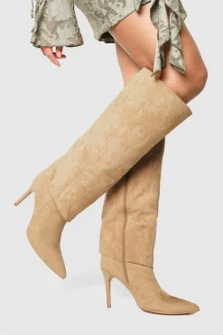 Over The Knee Boots|Knee High Boots*boohoo Foldover Pointed Heeled Knee High Boots taupe
