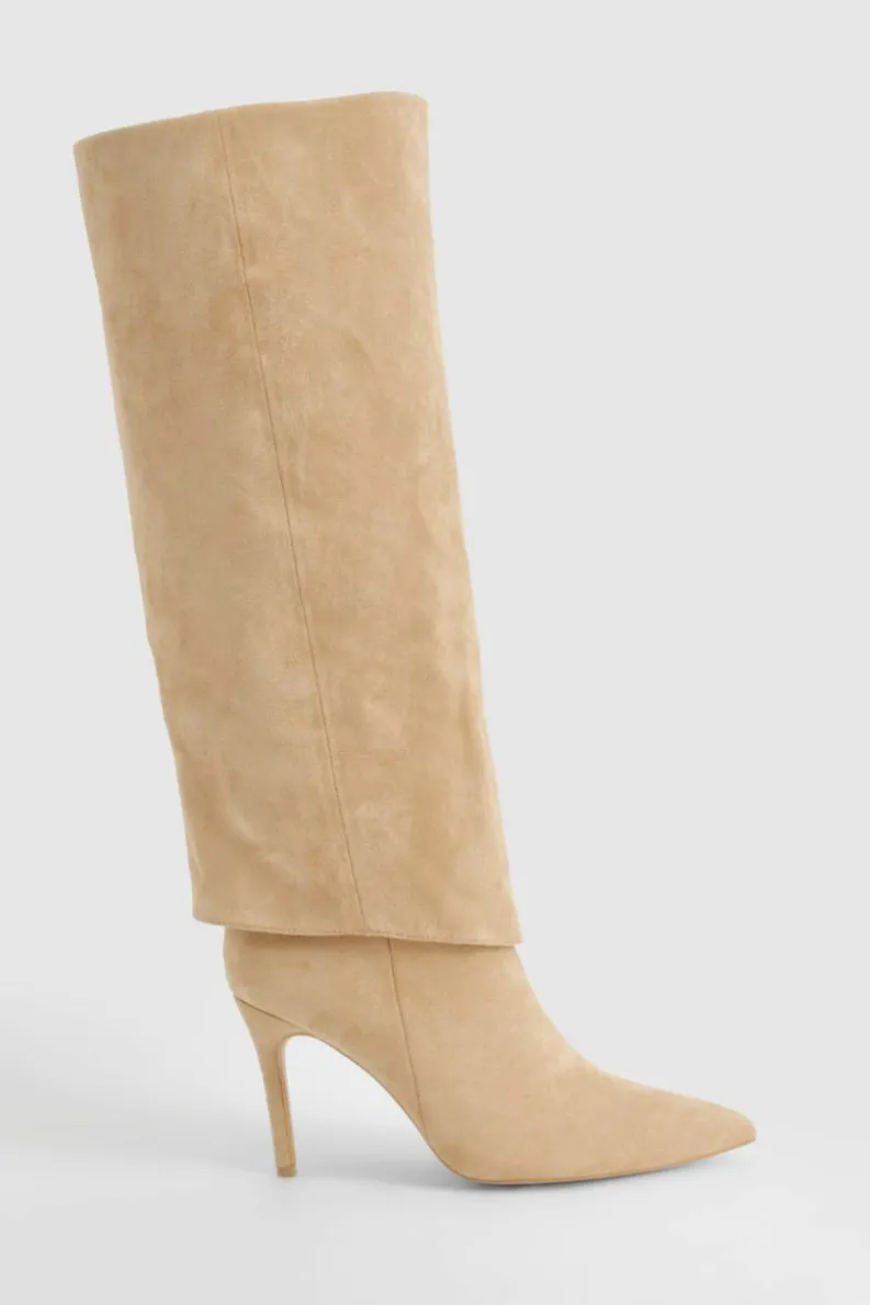 Over The Knee Boots|Knee High Boots*boohoo Foldover Pointed Heeled Knee High Boots taupe