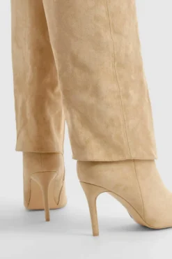 Over The Knee Boots|Knee High Boots*boohoo Foldover Pointed Heeled Knee High Boots taupe