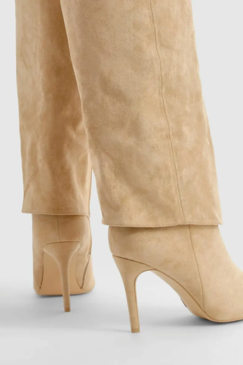 Over The Knee Boots|Knee High Boots*boohoo Foldover Pointed Heeled Knee High Boots taupe