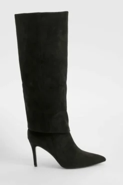 Over The Knee Boots|Knee High Boots*boohoo Foldover Pointed Heeled Knee High Boots black
