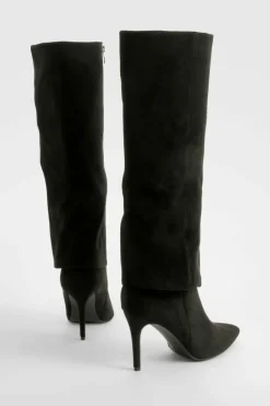 Over The Knee Boots|Knee High Boots*boohoo Foldover Pointed Heeled Knee High Boots black