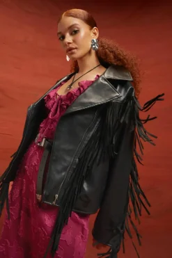 Up To 80% Off Winter Warmers|Biker Jackets*boohoo Fringe Detail Faux Leather Biker Jacket black