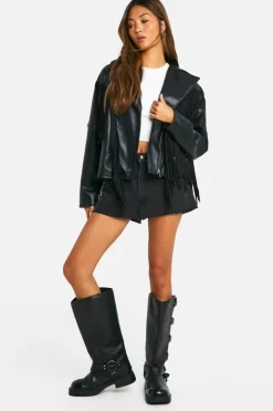 Up To 80% Off Winter Warmers|Biker Jackets*boohoo Fringe Detail Faux Leather Biker Jacket black