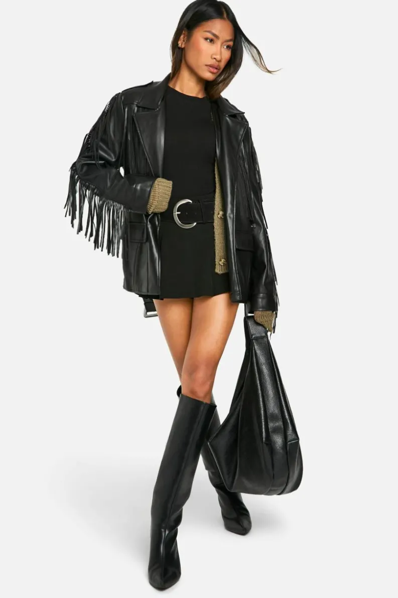 Up To 80% Off Winter Warmers|Faux Leather Jackets*boohoo Fringe Detail Faux Leather Belted Jacket black
