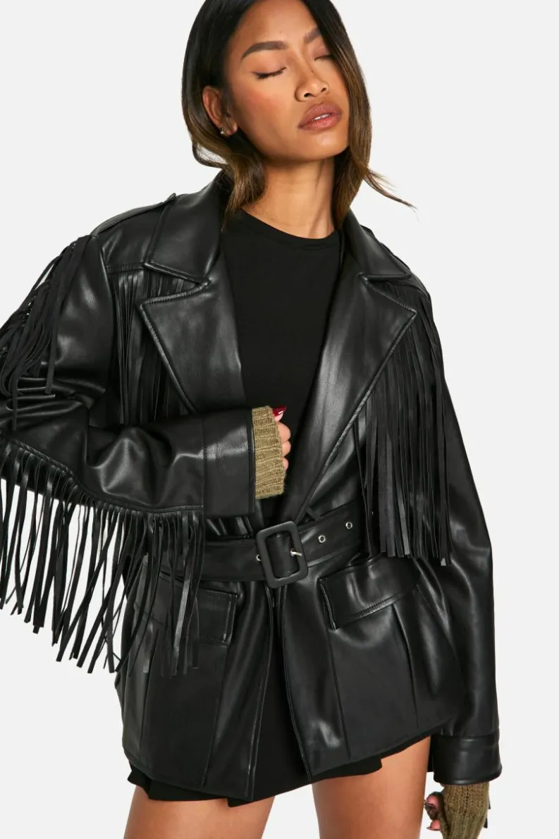 Up To 80% Off Winter Warmers|Faux Leather Jackets*boohoo Fringe Detail Faux Leather Belted Jacket black