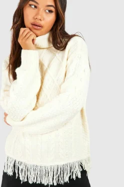 Oversized Jumpers|Up To 80% Off Winter Warmers*boohoo Fringe Hem Roll Neck Cable Knit Jumper ivory