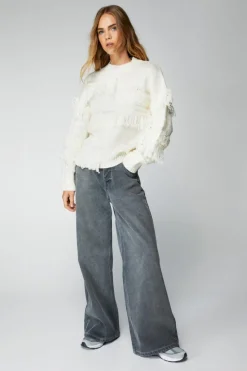 Sweatshirts*NastyGal Fringed Oversized Knitted Sweater ecru