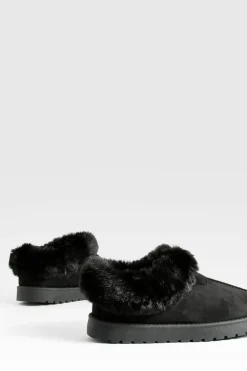 Cosy Boots*boohoo Fur Trim Cosy Mules black