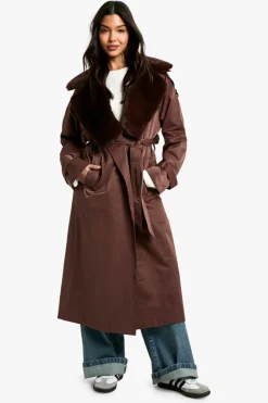Up To 80% Off Winter Warmers|Trench Coats*boohoo Fur Trim Trench Coat chocolate