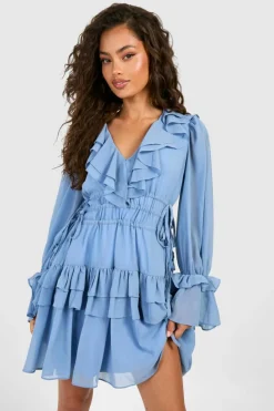 Smock Dresses*boohoo Gathered Waist Ruffle Detail Skater Dress dusty blue