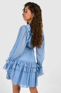 Smock Dresses*boohoo Gathered Waist Ruffle Detail Skater Dress dusty blue
