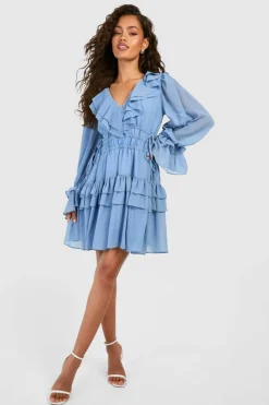 Smock Dresses*boohoo Gathered Waist Ruffle Detail Skater Dress dusty blue