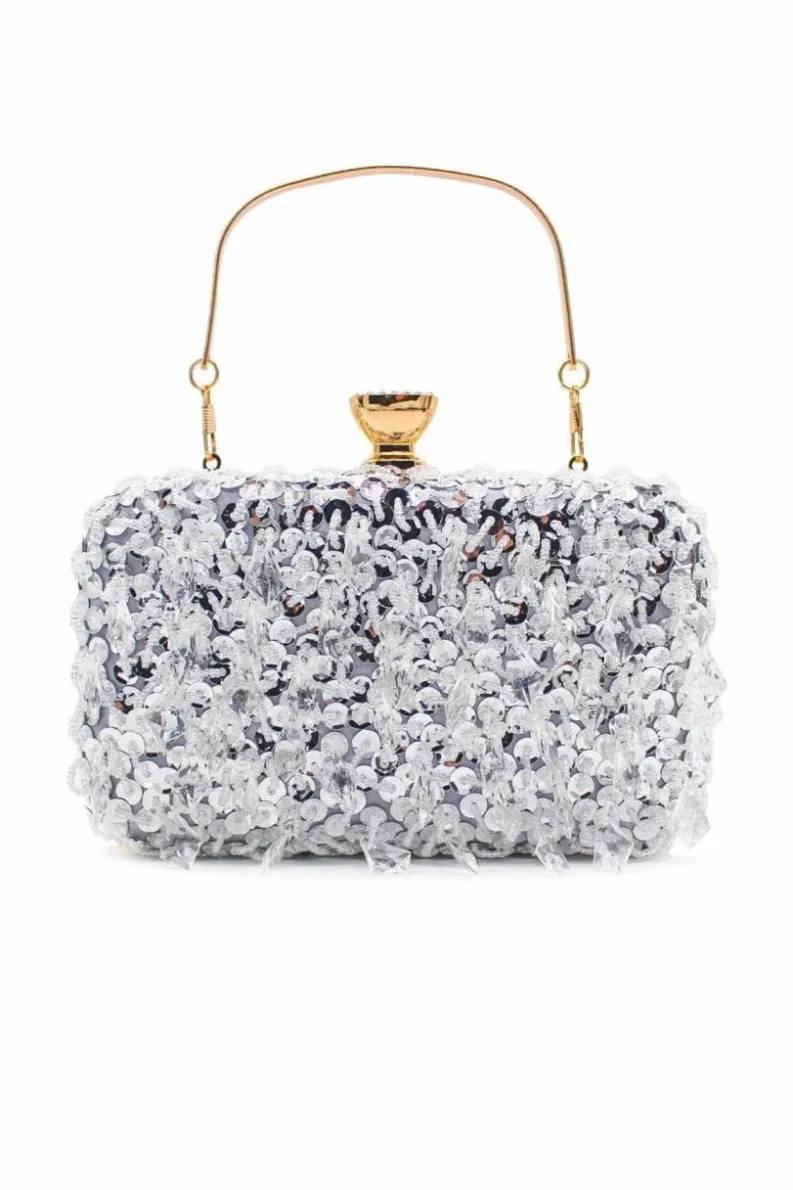 Clutch Bags*Kitise Gem Studded Sequin Elegant Evening Clutch Handbag With Golden Handle and Chain Strap Silver